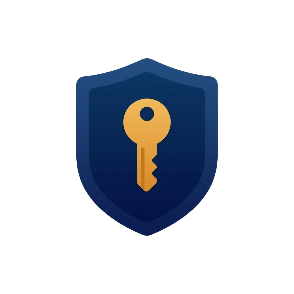 Nanobanana result — flat navy shield, gold key, clean edges