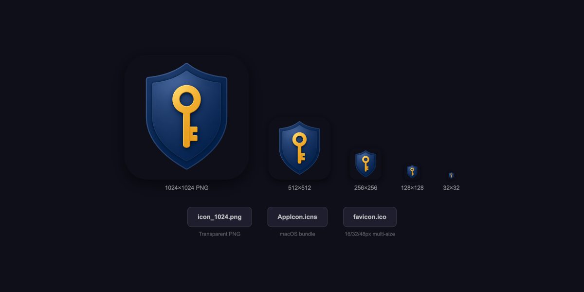 Export sizes — PNG, macOS icns, favicon