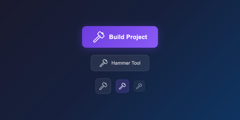 Hammer icon on styled UI buttons — primary, ghost, and icon-only