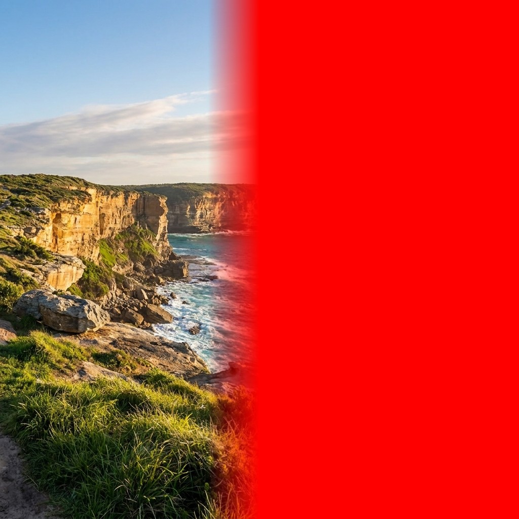 Iteration 1 outpaint canvas: real context on the left, a feathered red zone fading in on the right
