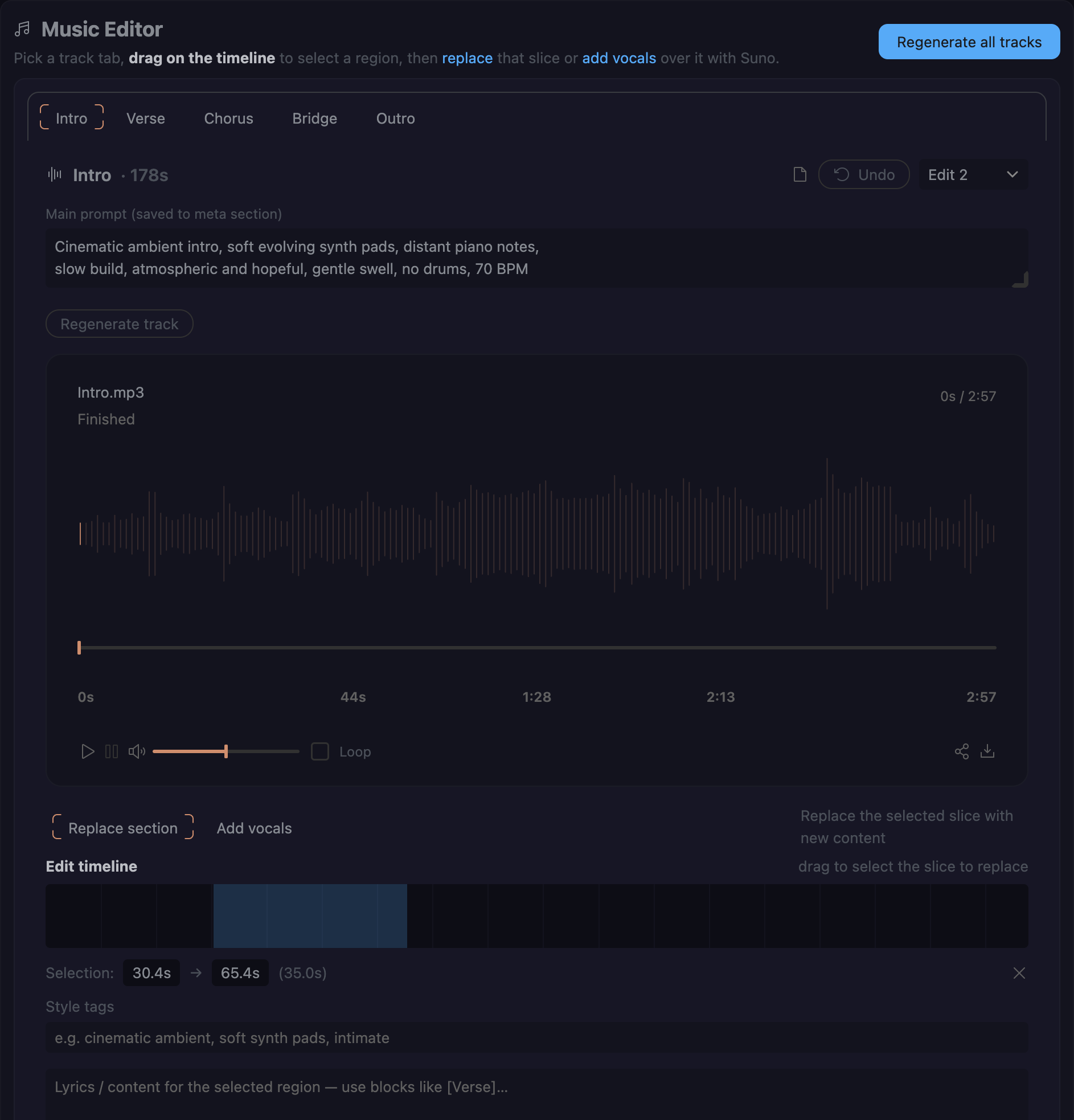 Music editor — the Neon Tide song tab with waveform player, a dragged region on the Edit timeline, and the Replace section / Add vocals toggle