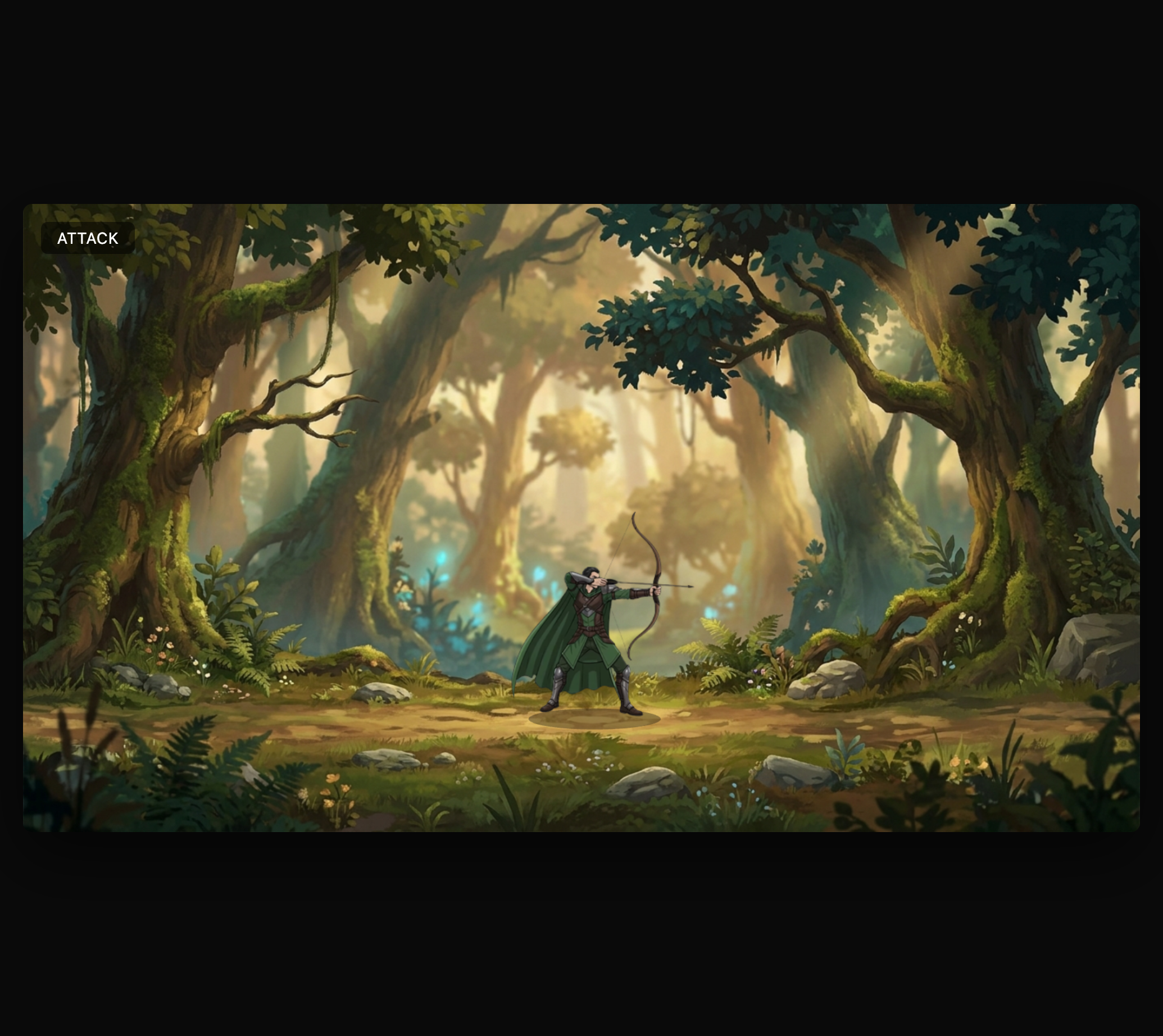 Live demo preview — elf ranger firing a bow in a forest platformer scene